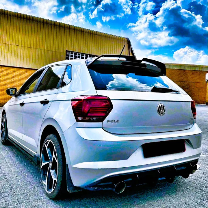 Rear roof spoiler for Volkswagen Polo Mk6 in gloss black, rear three-quarter view
