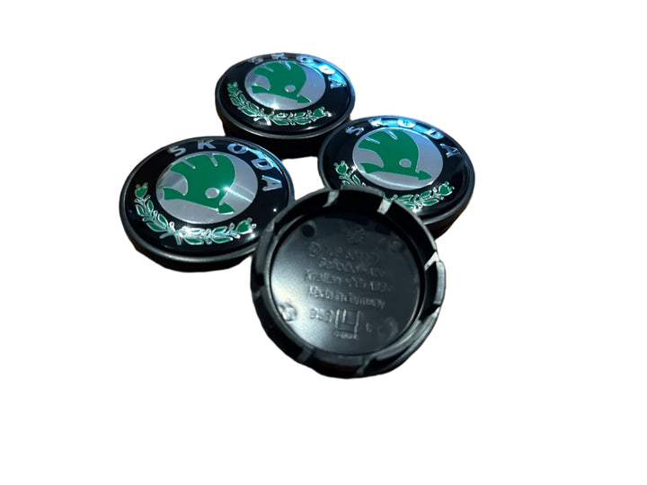 Set of 4 Black/Green Skoda 56mm Alloy Wheel Centre Caps - 5JA601151A