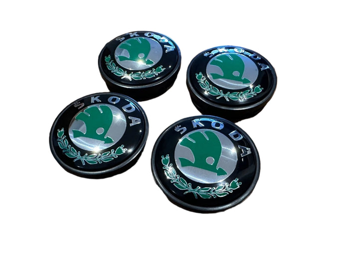 Set of 4 Black/Green Skoda 56mm Alloy Wheel Centre Caps - 5JA601151A