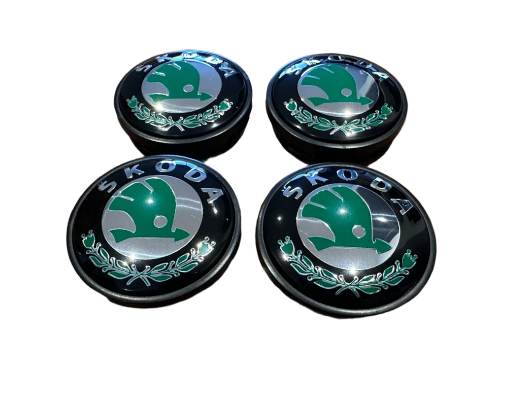 Set of 4 Black/Green Skoda 56mm Alloy Wheel Centre Caps - 5JA601151A | AutoCap Solutions