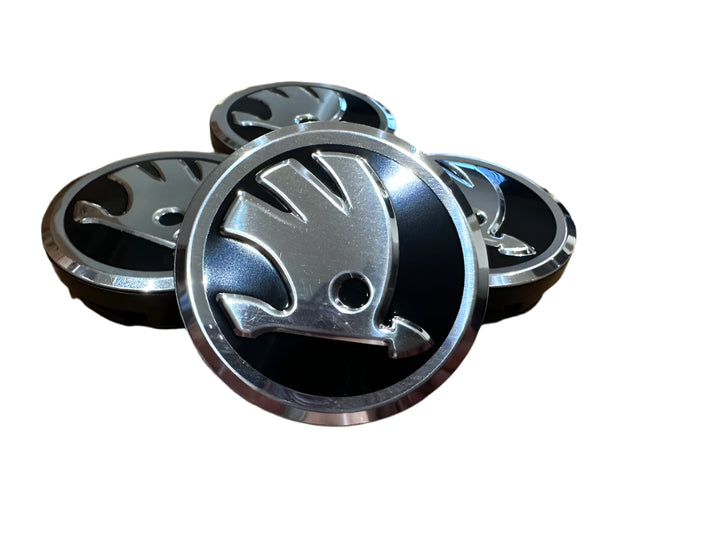 Set of 4 Black/Chrome Skoda 56mm Alloy Wheel Centre Caps - 5JA601151A | AutoCap Solutions
