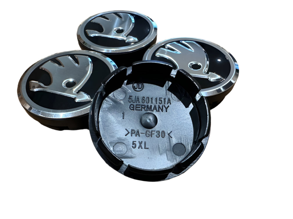 Set of 4 Black/Chrome Skoda 56mm Alloy Wheel Centre Caps - 5JA601151A | AutoCap Solutions