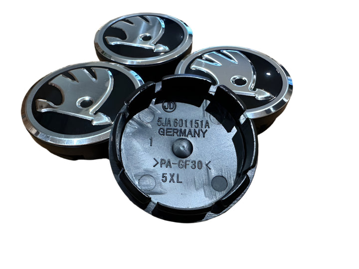 Set of 4 Black/Chrome Skoda 56mm Alloy Wheel Centre Caps - 5JA601151A | AutoCap Solutions