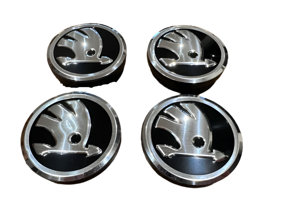 Set of 4 Black/Chrome Skoda 56mm Alloy Wheel Centre Caps - 5JA601151A | AutoCap Solutions