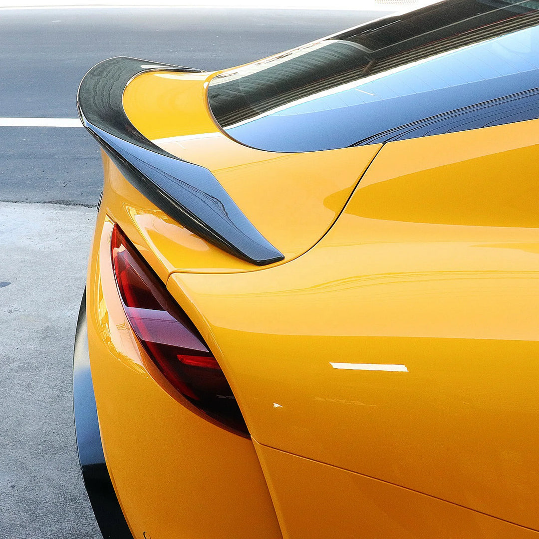 Dry carbon fibre rear spoiler V1 for Toyota Supra installed alternate shot