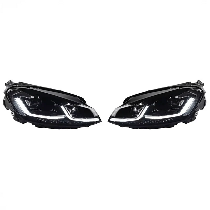 Volkswagen Golf Mk7 facelift style LED replacement headlights, showing silver trim