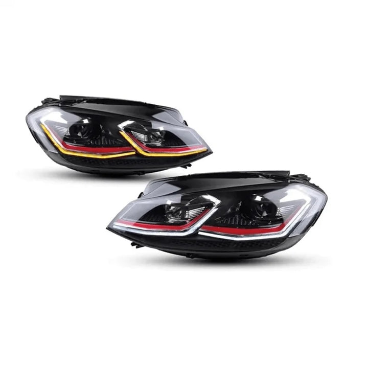 Volkswagen Golf Mk7 facelift style LED replacement headlights, showing red trim