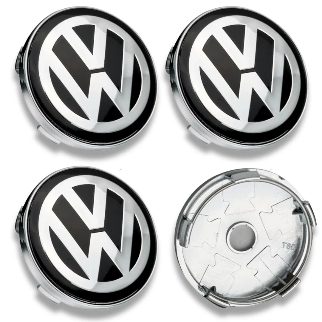 Set of 4 Volkswagen Black & Chrome 60mm Centre Caps (57mm Inner) Aftermarket Wheels | AutoCap Solutions