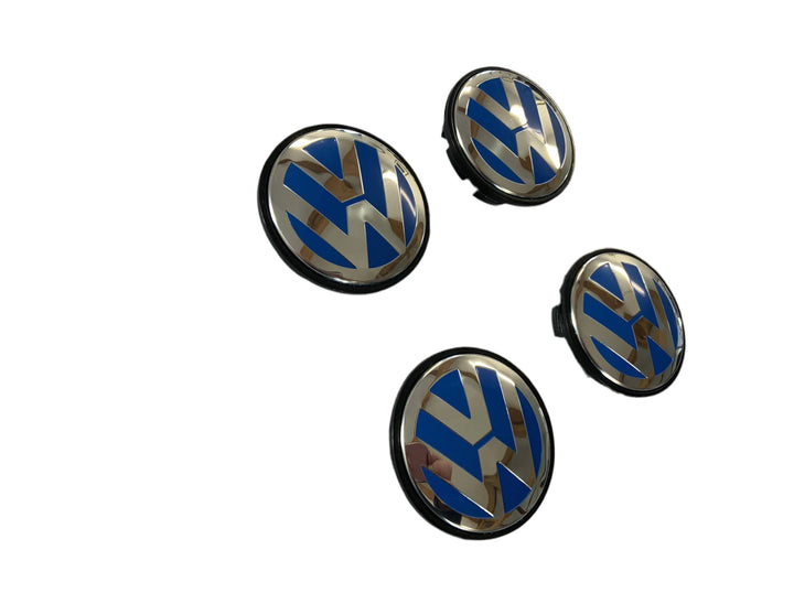 Set of 4 Blue/Chrome Volkswagen VW 65mm Alloy Wheel Centre Caps - 3B7601171 | AutoCap Solutions