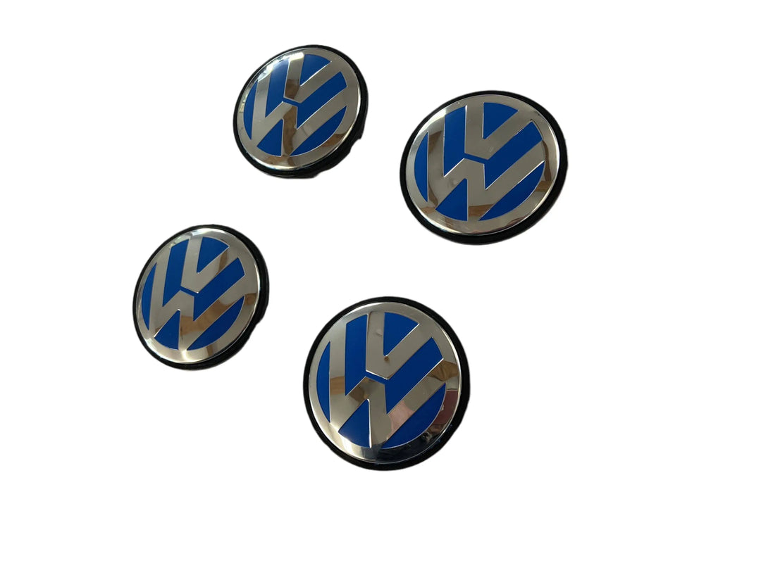 Set of 4 Blue/Chrome Volkswagen VW 65mm Alloy Wheel Centre Caps - 3B7601171 | AutoCap Solutions