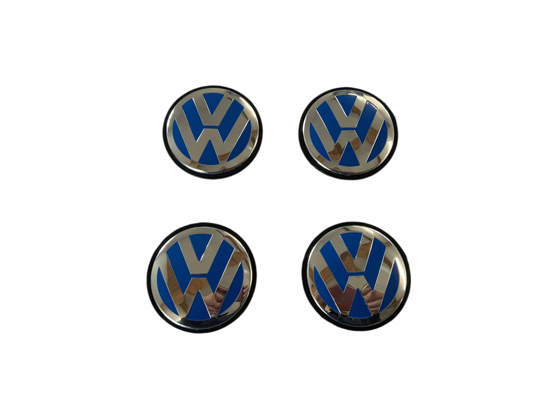 Set of 4 Blue/Chrome Volkswagen VW 65mm Alloy Wheel Centre Caps - 3B7601171 | AutoCap Solutions