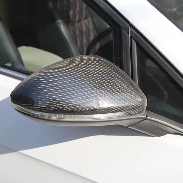 Dry carbon fibre mirror cover for Golf GTI showing weave installed
